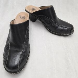Sofft Shoes Womens 7.5 M Mule Black Leather Tooled Closed Toe Cone Heels 1009401